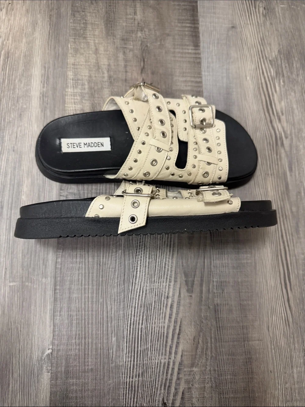 Steve Madden Cream Double-Buckle Studded Slide Sandals